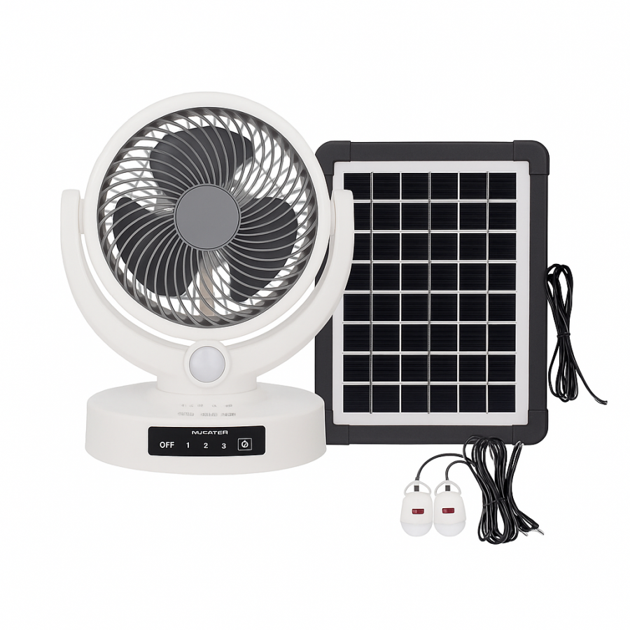 Вентилятор портативний Megatop MT-801LS (8", сонячна панель, 3 швидкості, LED, USB, 2400 мАг)
