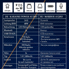 Акустична колонка Goldteller GT-6068 Bluetooth, 2 бездротові мікрофони, 12", LED, караоке