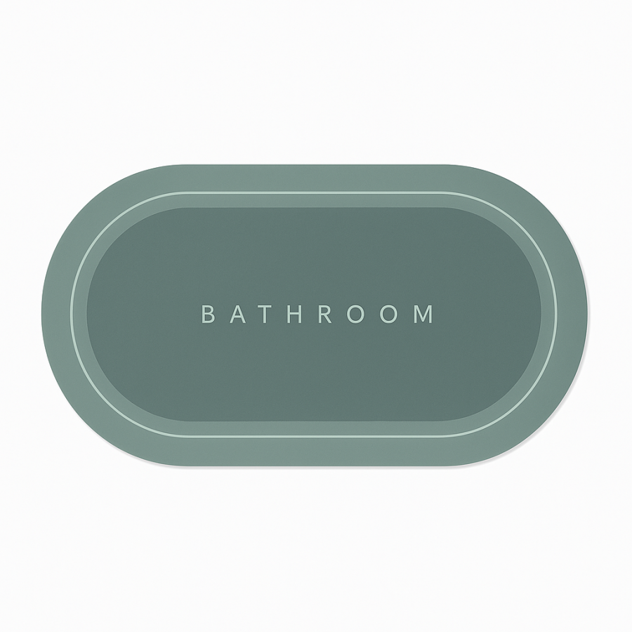 Коврик влаговпитывающий овальный 40×60 см (HOME-MA-3, надпись BATHROOM, зелёно-серый)