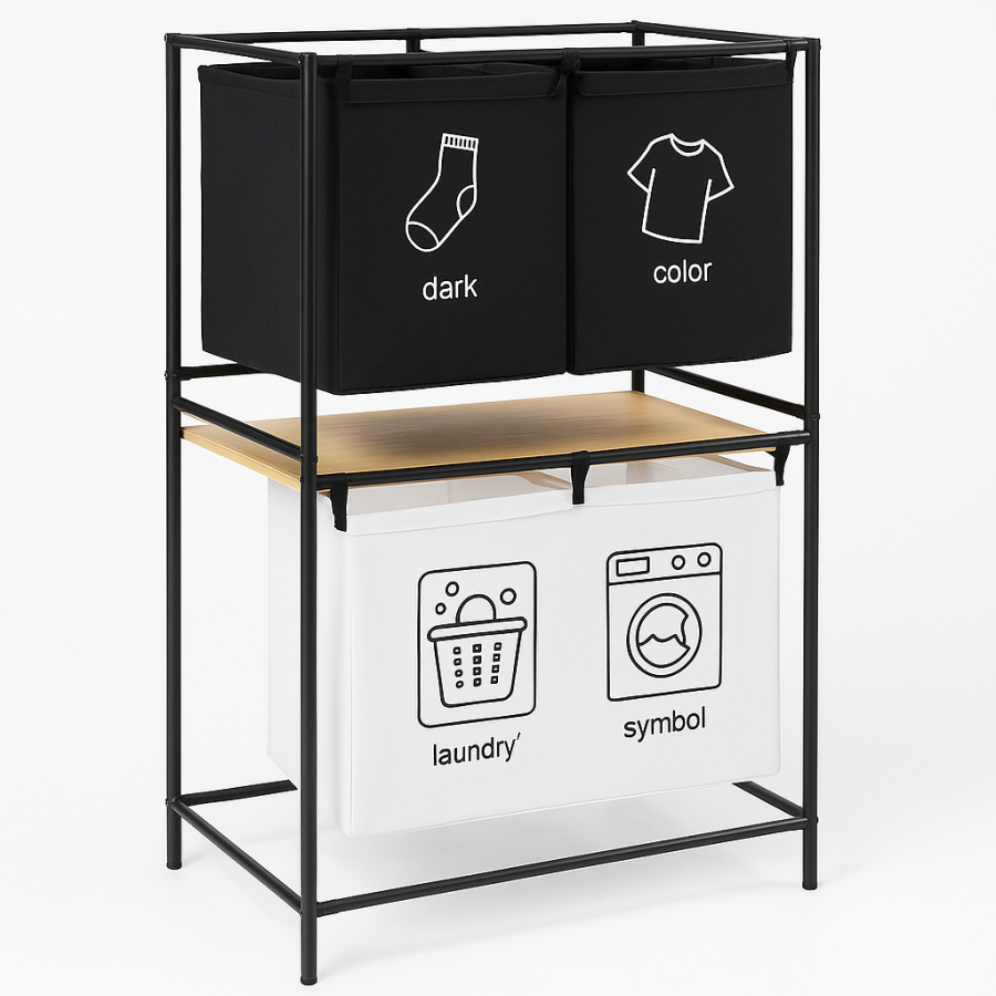 Корзина для белья SKLM-24 трёхсекционная с металлическим каркасом и тканевыми мешками