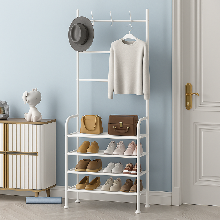 Полка-вешалка для прихожей SKLM-0097-80 белая (металл, 4 яруса, крючки)