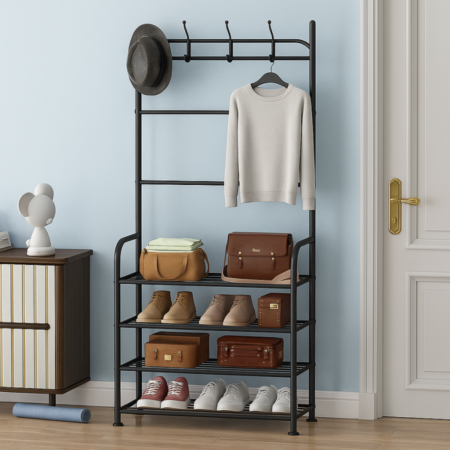 Полка-вешалка для прихожей SKLM-0097-80 белая (металл, 4 яруса, крючки)