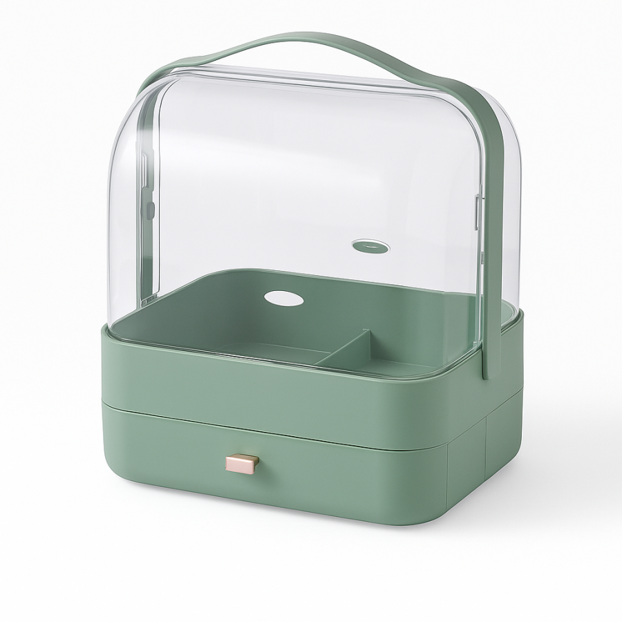 Органайзер для косметики YM206 с крышкой и ящиком (2 секции, зелёный, Single Drawer)