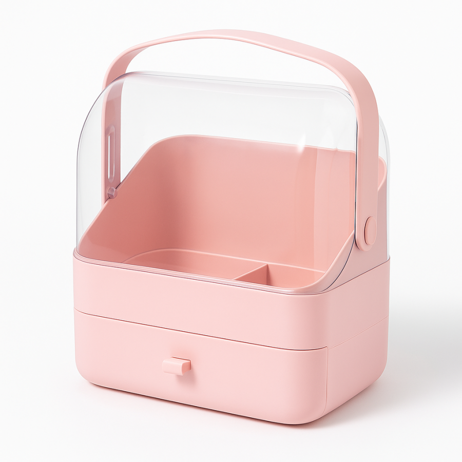 Органайзер для косметики YM206 з кришкою та ящиком (2 секції, рожевий, Single Drawer)