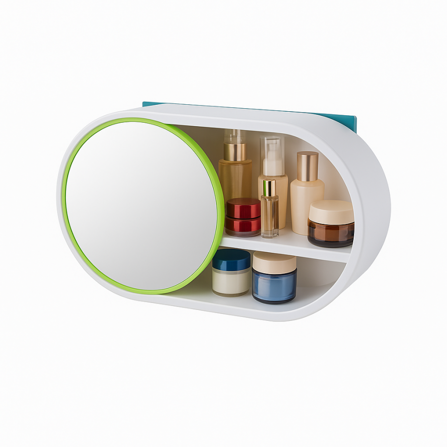 Органайзер-полка для косметики с зеркалом BWJ-117 (зелёный, настенный)