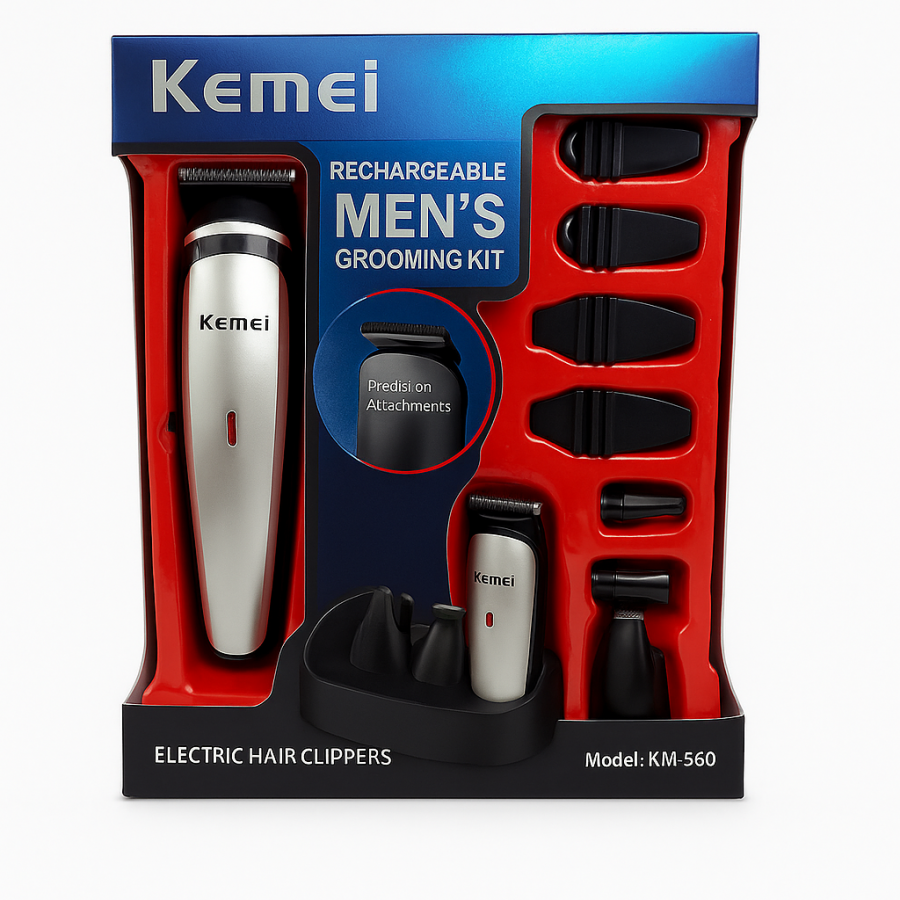 Машинка для стрижки Kemei KM-560 5 в 1 (перезаряджається, з насадками та підставкою)