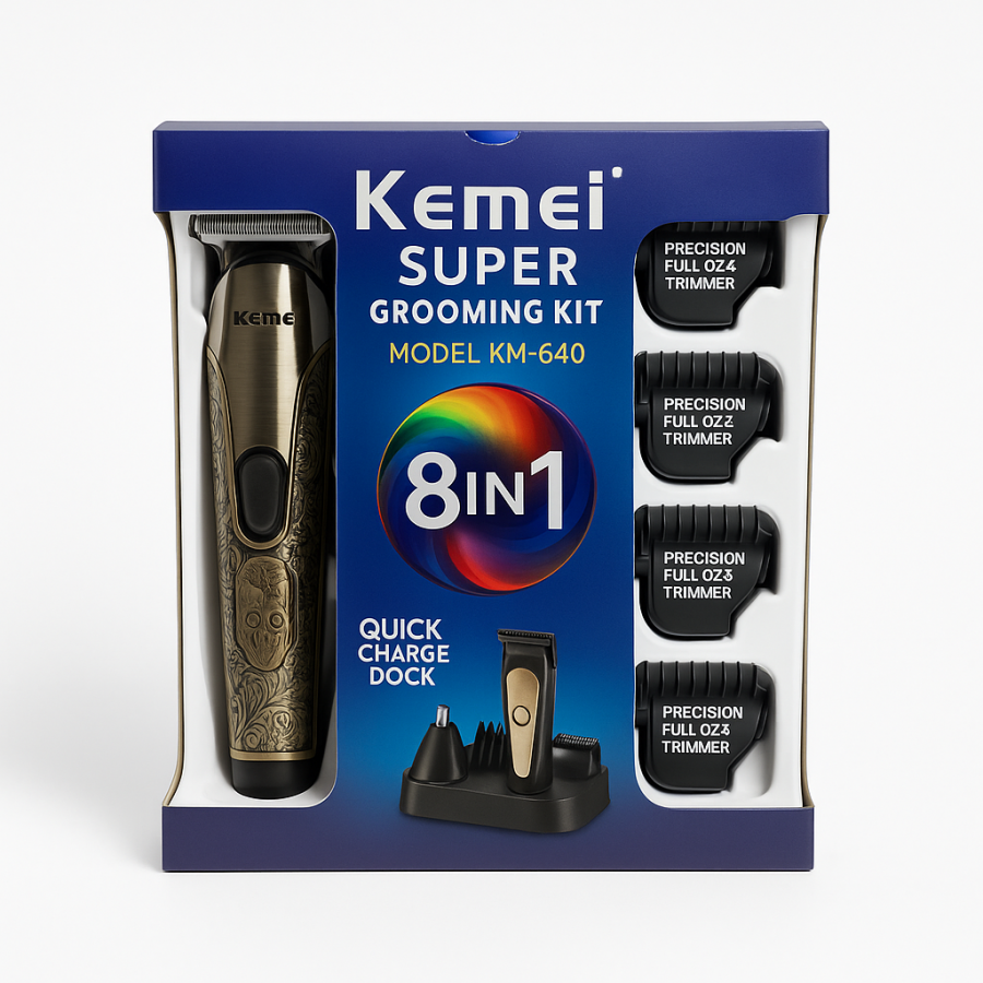 Машинка для стрижки Kemei KM-640 8 в 1 (триммер з насадками, зарядна підставка)