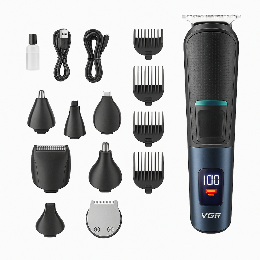 Машинка для стрижки VGR V-108 10в1 з насадками та дисплеєм - триммер для бороди, волосся, вух та носа.