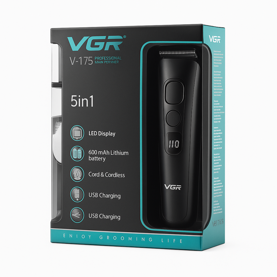 Машинка для стрижки VGR V-175 5в1 с насадками и LED-дисплеем — триммер для волос и бороды