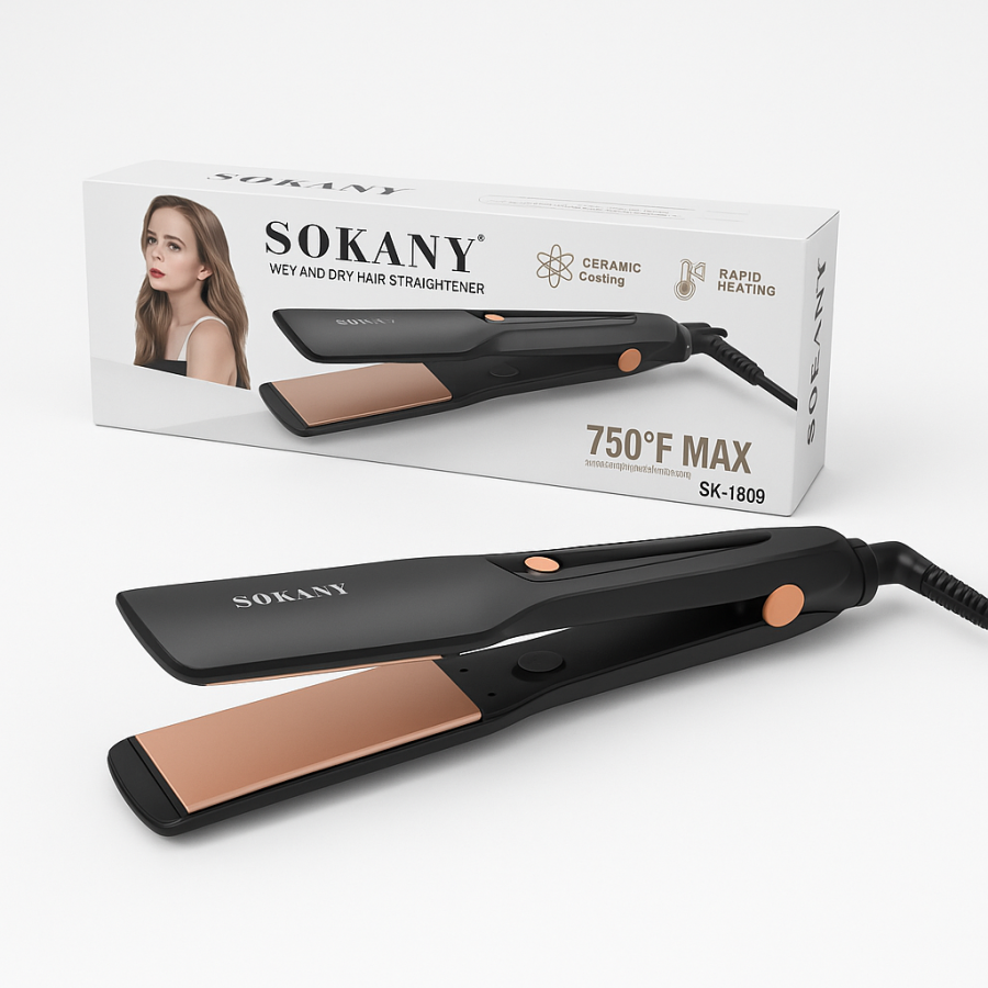 Праска для волосся SOKANY SK-1909 з керамічним покриттям і нагріванням до 750°F — для сухого та вологого волосся.