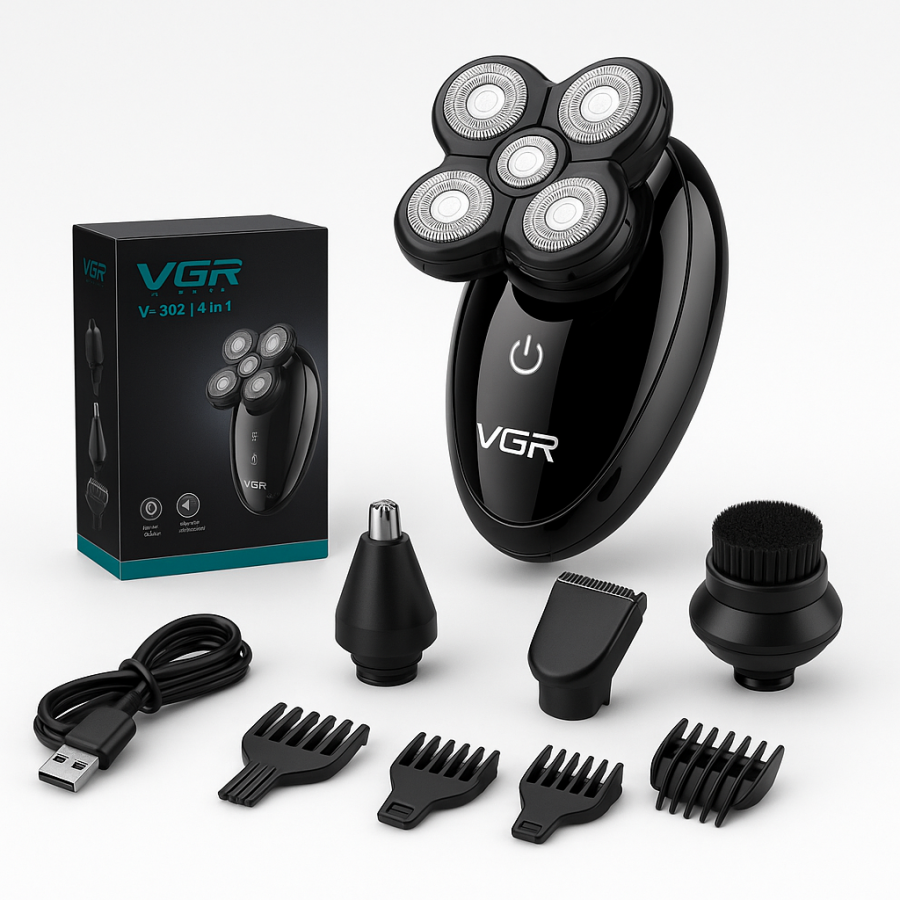 Электробритва VGR V-302 — 4 в 1, роторная, беспроводная, с насадками для бритья, тримминга и чистки