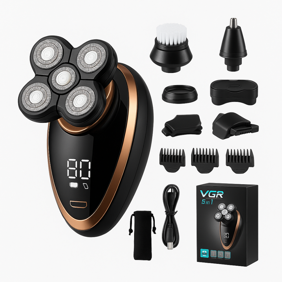 Электробритва VGR V-316 — 5 в 1, беспроводная, роторная, с триммером и щёткой для лица