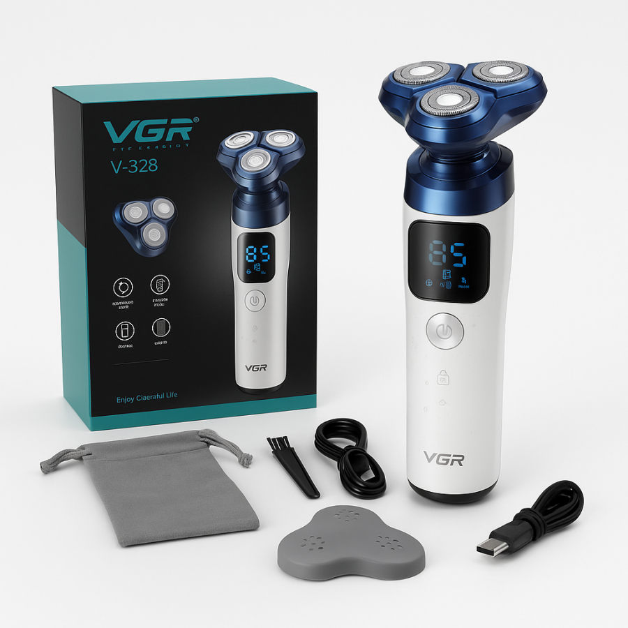 Электробритва VGR V-328 — роторная, водонепроницаемая, LED-дисплей, беспроводная, бело-синяя