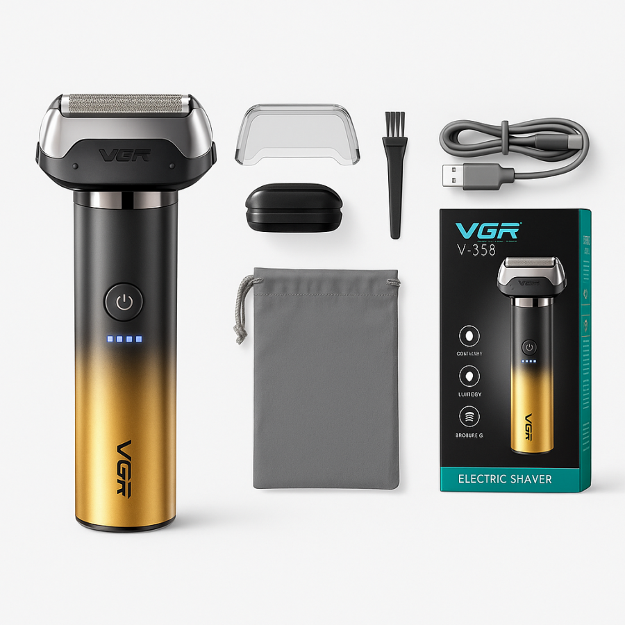Электробритва VGR V-358 — сеточная, USB Type-C, LED-дисплей, чехол, золотисто-чёрная