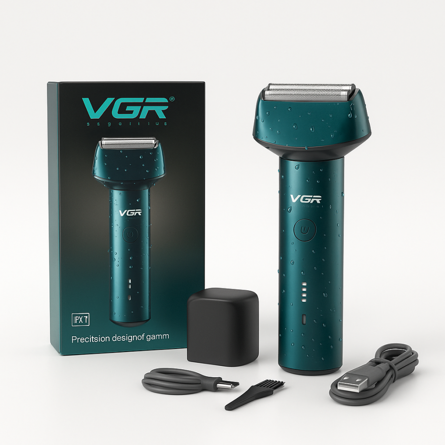 Электробритва VGR V-370 — сеточная, водонепроницаемая, USB Type-C, LED-дисплей, тёмно-зелёная