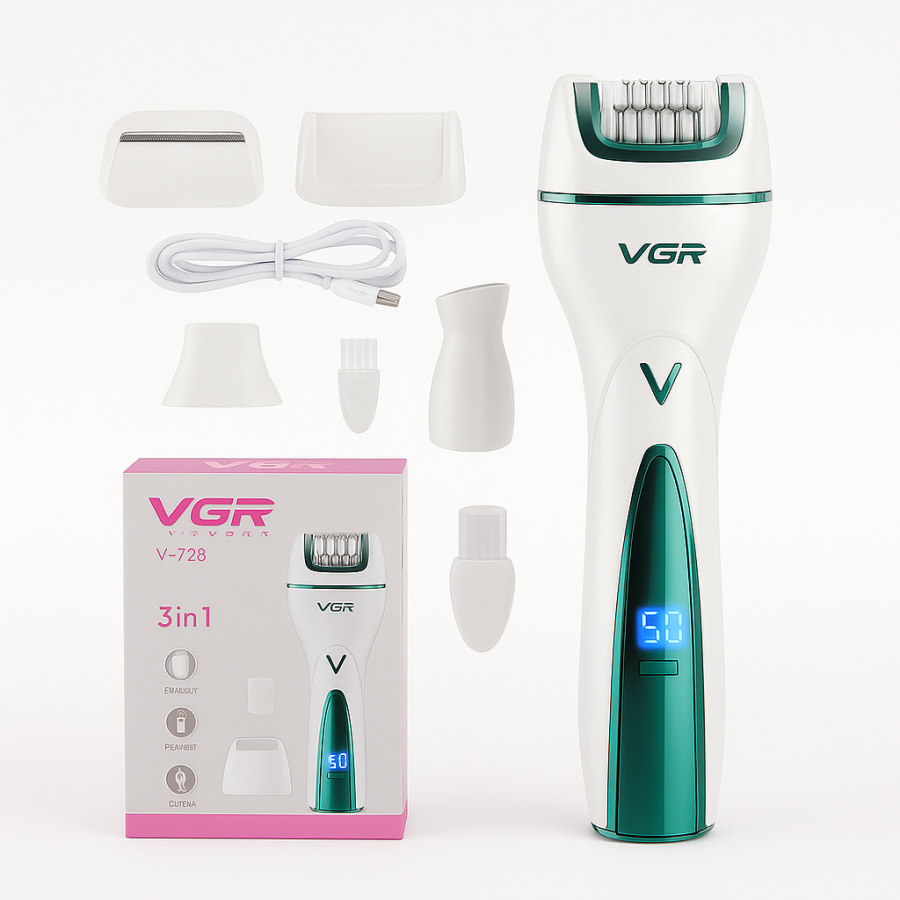 Епілятор VGR V-728 - 3 в 1, дисплей, триммер + епілятор + бритва, USB зарядка