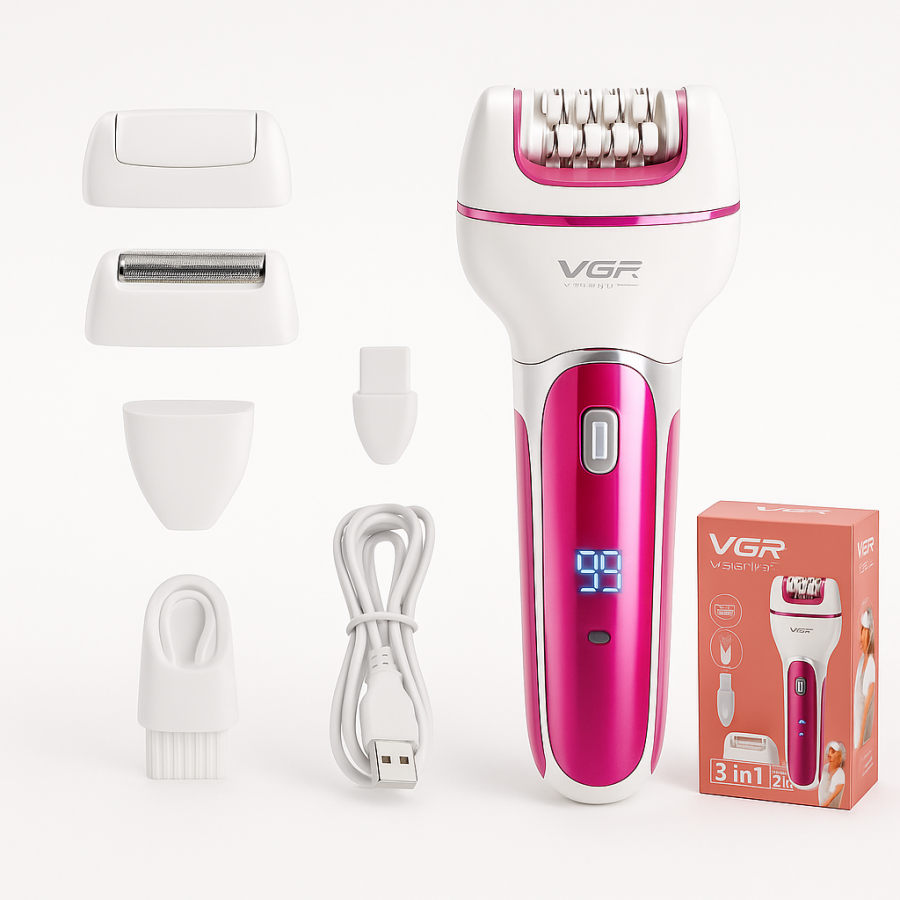 Эпилятор VGR V-732 — 3 в 1, эпиляция, триммер, бритва, LED-дисплей, USB зарядка, розовый