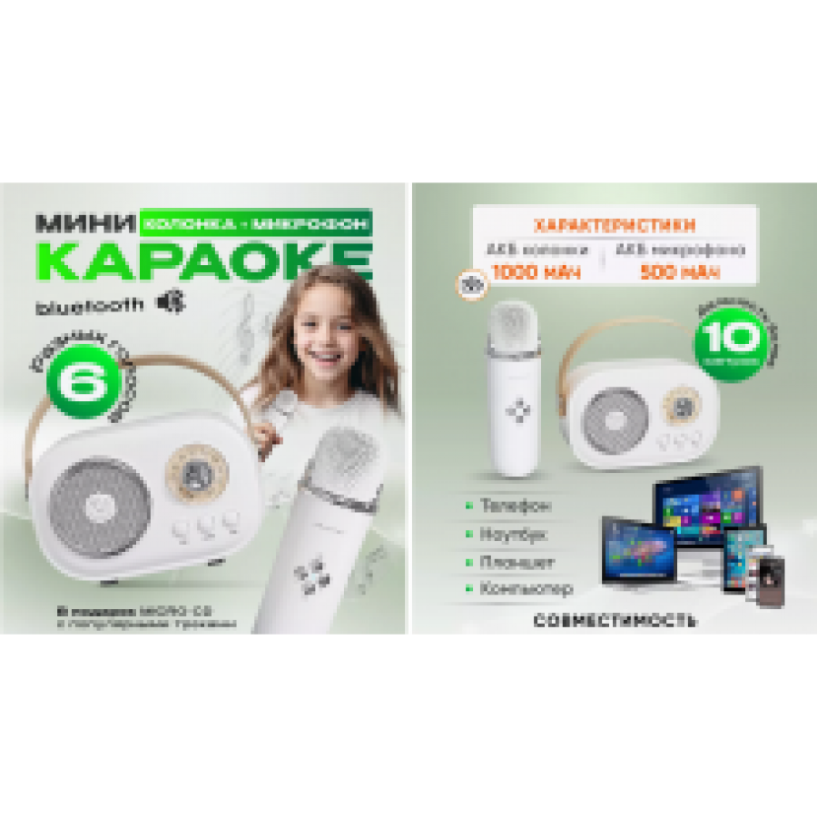 Детская караоке-колонка с микрофоном Bluetooth — мини акустика для пения
