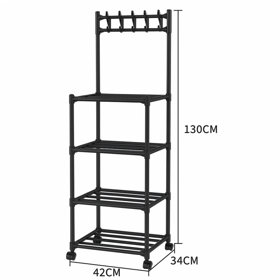 Этажерка металлическая 4-ярусная 130×42×34 см на колёсиках