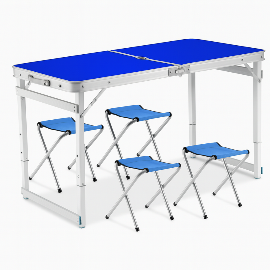 Усиленный складной стол для пикника с 4 стульями 120×60 см синий