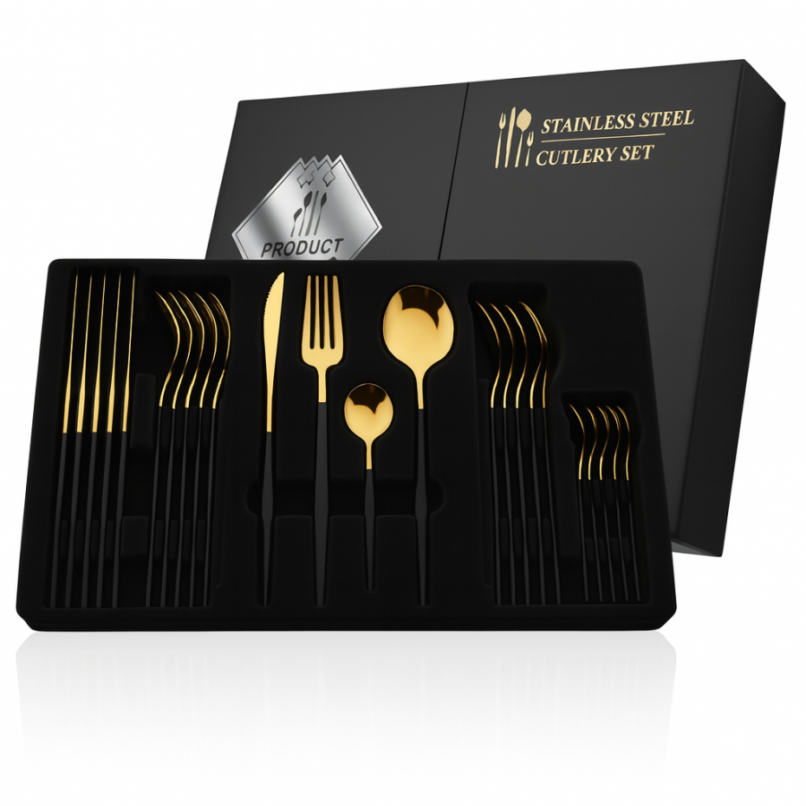 Набор столовых приборов из нержавеющей стали, 24 предмета, золото/чёрный, в подарочной коробке