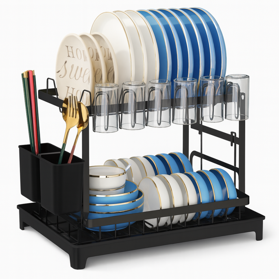 Кухонний двоярусний стелаж-сушарка для посуду з підставкою для приладів та склянок Kitchenware