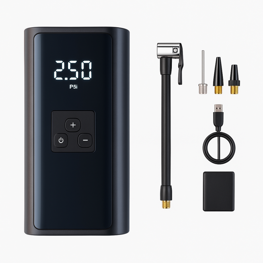 Портативний насос для шин з РК-дисплеєм, USB-зарядкою та комплектом насадок