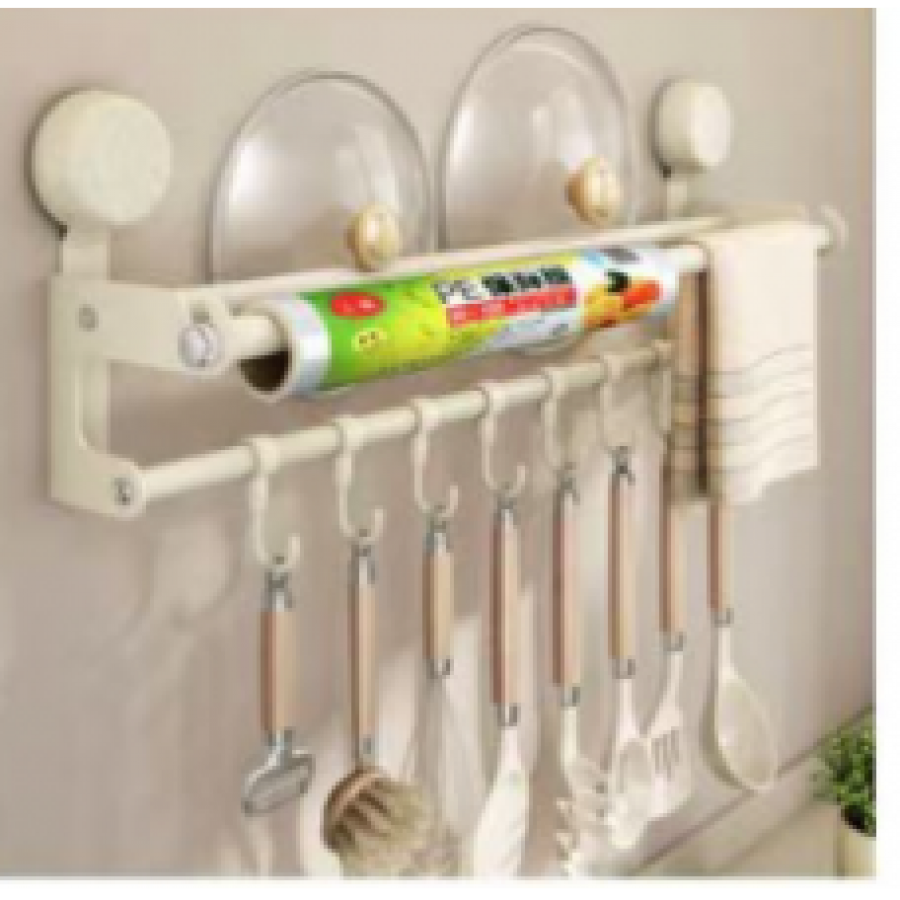 Настінна кухонна полиця з гачками для начиння та тримачем кришок