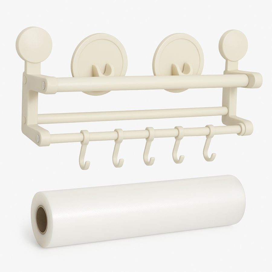 Настінна кухонна полиця з гачками для начиння та тримачем кришок