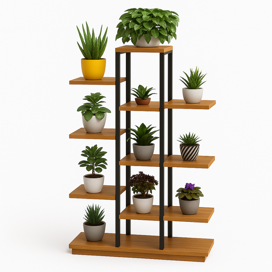 Стойка-полка для цветов CVT-7 (7 ярусов, LED-подсветка, металл+дерево, стиль лофт)