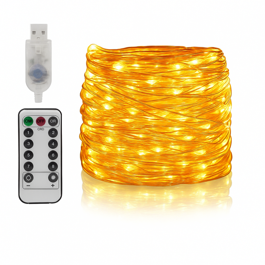 Гирлянда медная проволока 1000 LED (100 м, тёплый свет, USB)