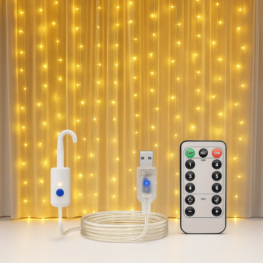 Гірлянда-штора 3×3 м, 300 LED, тепле світло, USB+пульт, LED Curtain Light