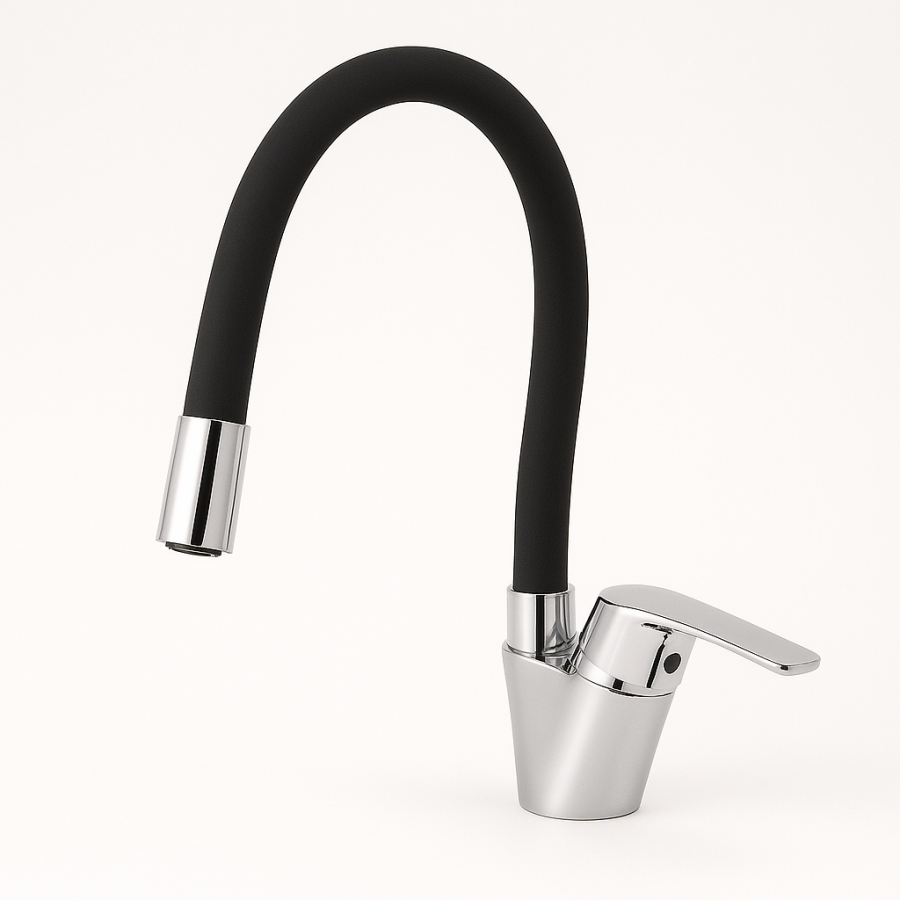 Смеситель с гибким изливом Water Tap черный – универсальный кухонный кран с поворотным гусаком