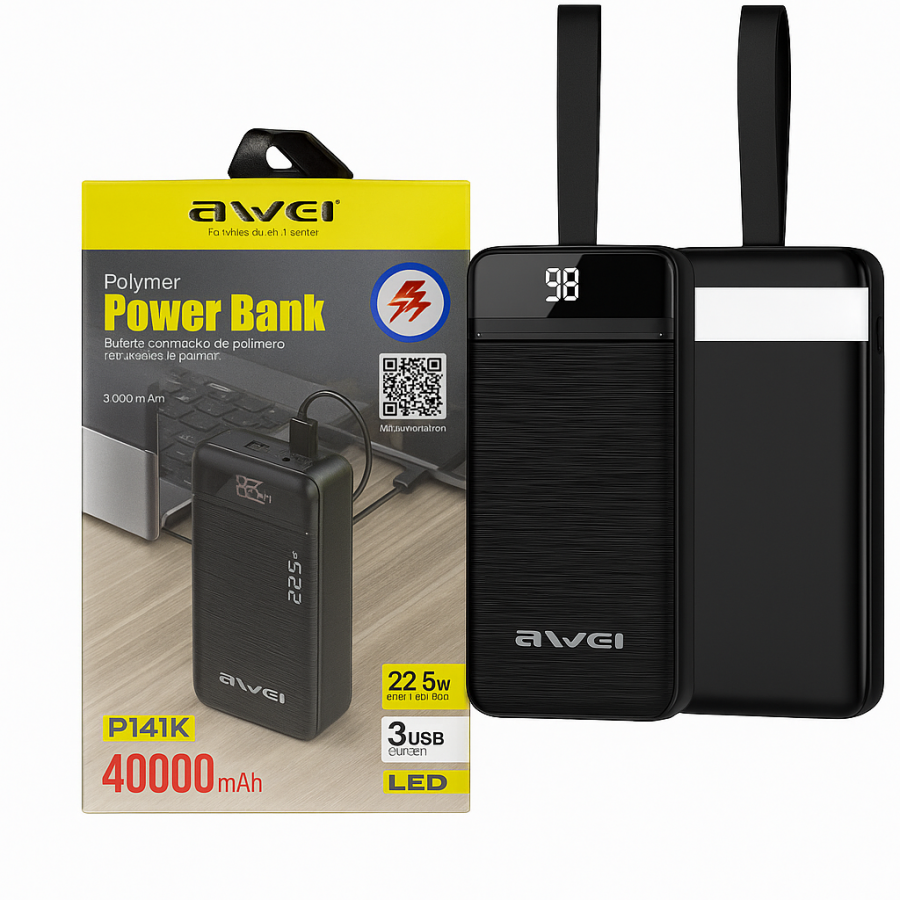 Повербанк Awei P141K 40000 mAh 22.5 W с LED-индикатором и тремя USB-портами