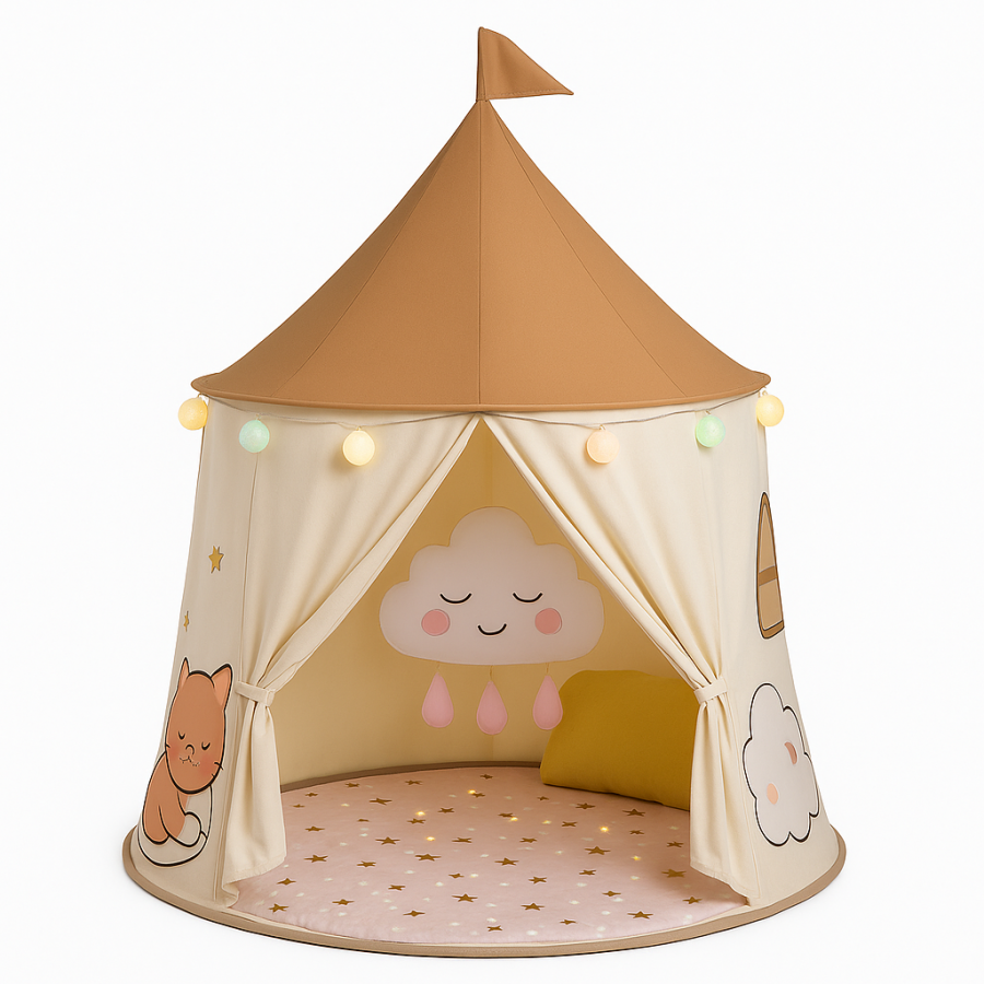 Детская игровая палатка Замок бежевого цвета — домик для девочек и мальчиков, с гирляндой и ковриком
