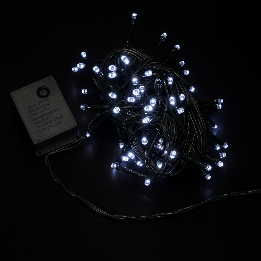 Гірлянда RD-7128 — 9 метрів, 100 LED, біле світло, чорний провід, для внутрішнього використання.