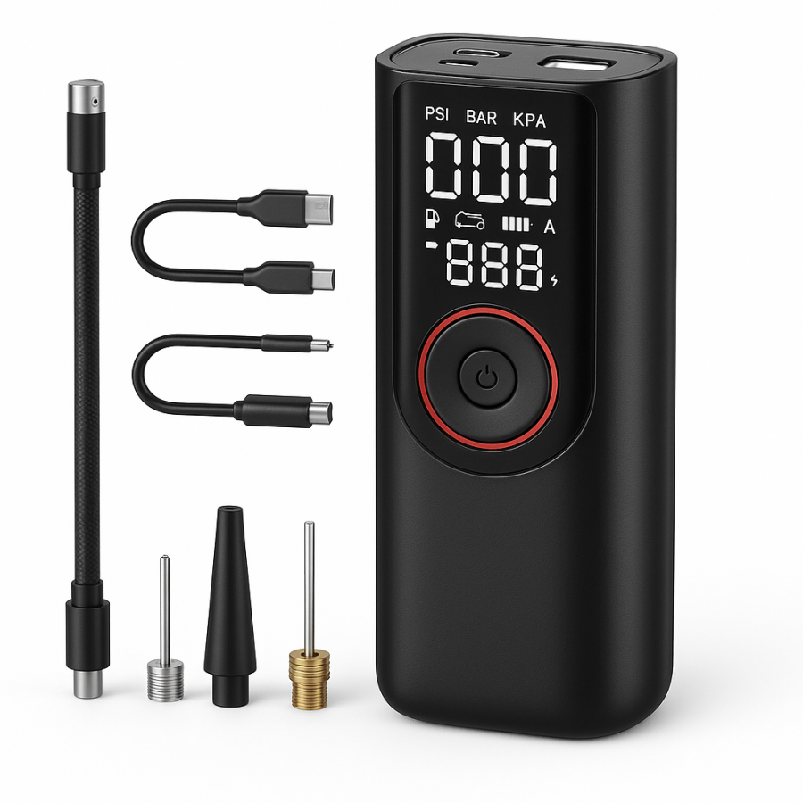 Портативний компресор ATJ-9566 (3–150 PSI, 3×2000 mAh, 80W) — автокомпресор із цифровим дисплеєм та набором насадок