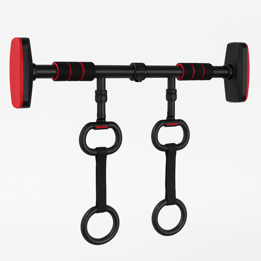 Домашний турник разжимной 65–100 см с усиленной фиксацией и кольцами — до 120 кг