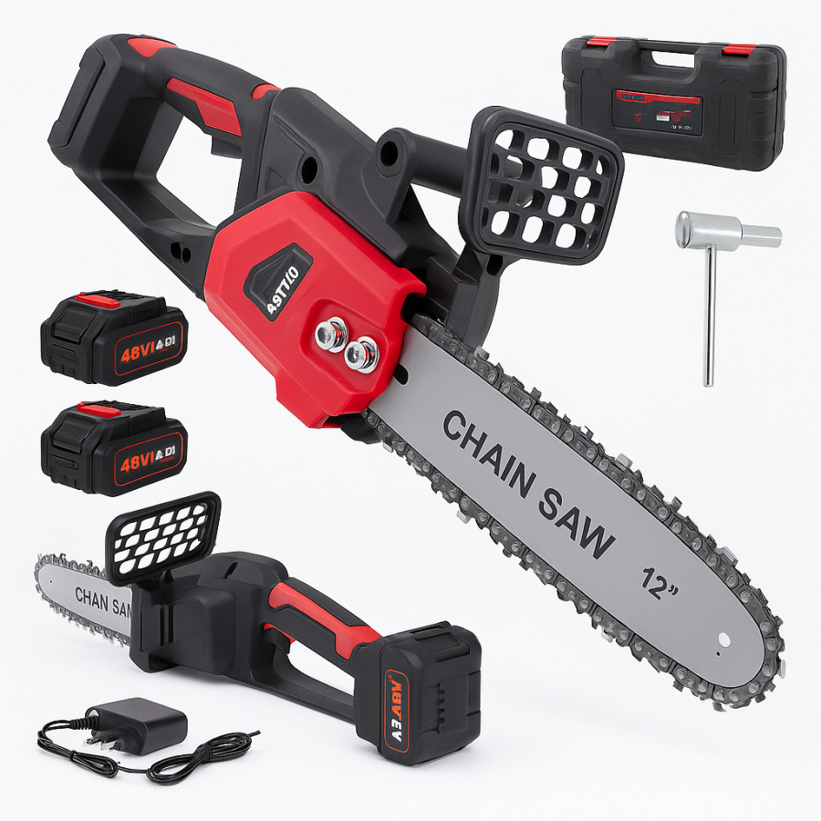 Акумуляторна ланцюгова пилка AOTUO 12 дюймів, 48V 4000 mAh, безщіткова, 1800 Вт, 2 акумулятори, в кейсі