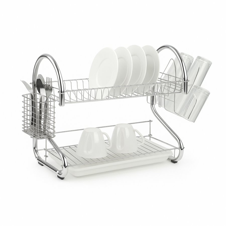 Сушилка для посуды настольная A-PLUS 1154 — металлическая двухъярусная, с поддоном, держателем для приборов и чашек (40 см)