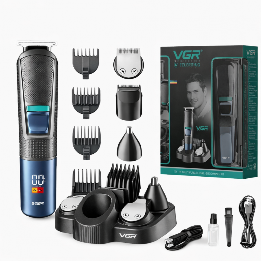 Машинка для стрижки VGR V-108 (набор), 0.5–12 мм, 120 мин автономно, 9 насадок, сталь