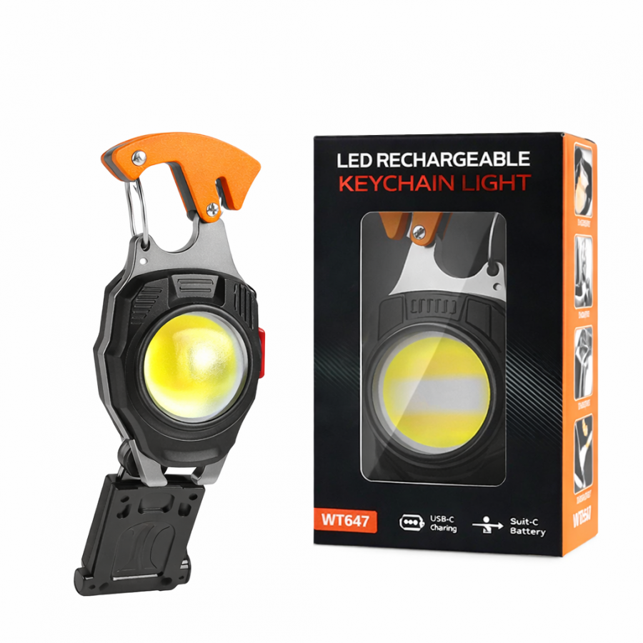 Многофункциональный мини-фонарик-брелок COB 500 лм с аккумулятором Type-C, магнитом и карабином