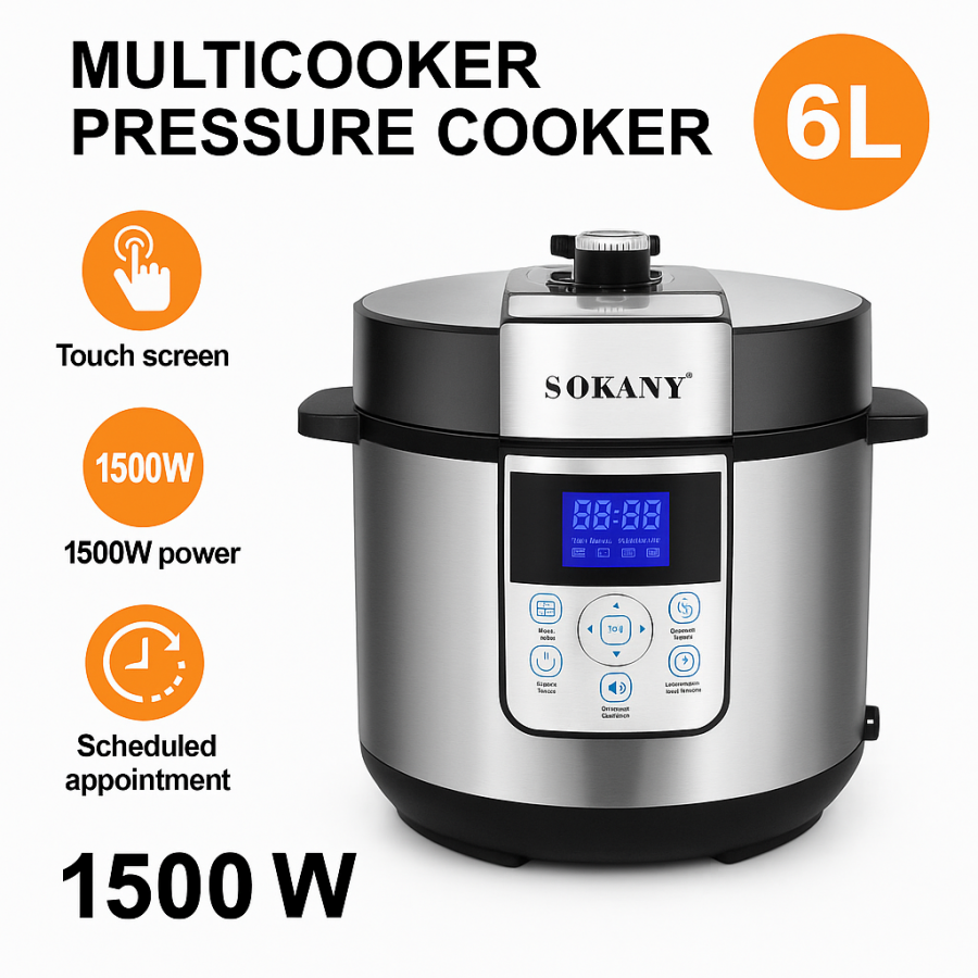 Многофункциональная мультиварка скороварка Sokany SK-07044 из нержавеющей стали 6 л 1500 Вт