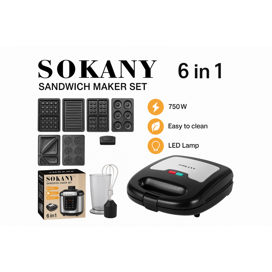 Мультимейкер 6в1 Sokany SK-B908 750 Вт 6 пластин с антипригарным покрытием