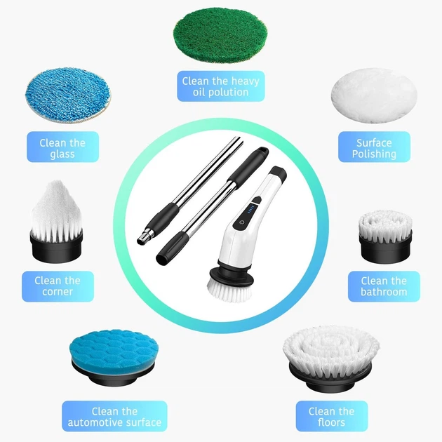 Электрическая щетка для уборки CLEANING BRUSH 9-в-1 (модель 108) — беспроводная, телескопическая, с насадками